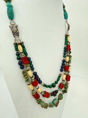 Artisan Sterling Turquoise Multi Stone 3 Strand Necklace Southwest 24-28” 164gr